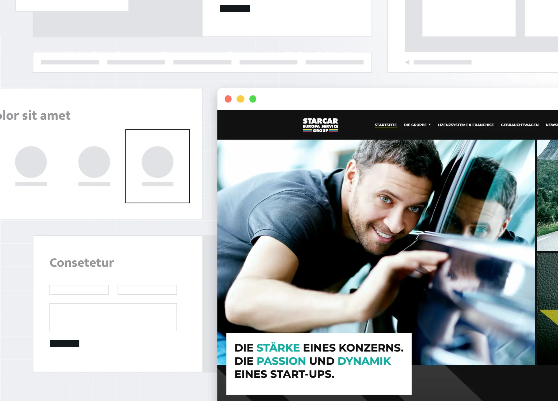 Grafische Darstellung einzelner Website-Komponenten von „Starcar“ zur Darstellung des Entstehungs-Prozesses einer individuellen Website.